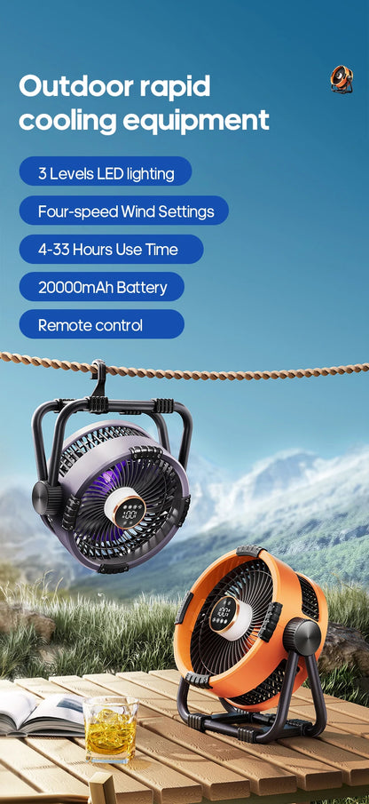 Oranje Kinscoter 6-in-1 kamperingsventilator met 20000mAh batterij, digitale display en afstandsbediening, geschikt voor zowel kantoor als kamperen. -
