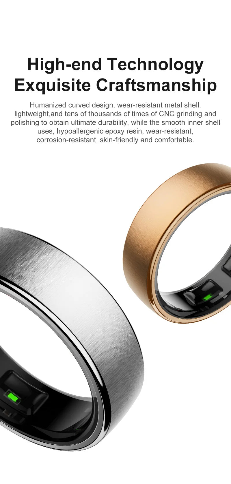 Zilverkleurige slimme ring met glanzende binnenkant en zichtbare LED-indicatoren, naast een goudkleurige variant op een draadloze oplader voor gezondheidsmonitoring en dagelijkse tracking. - Foto 13