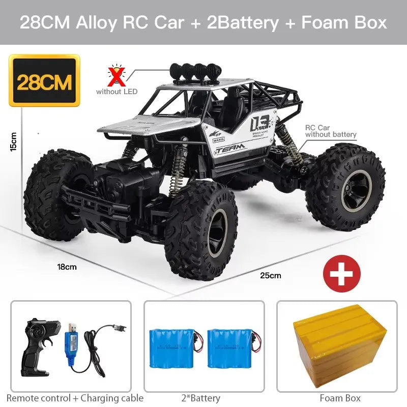 ZWN Rock climber, een zwarte 4WD RC-afstandsbediening met alloy-upgrade, voorzien van grote terreinbanden en zichtbare vierwielaandrijving voor extrem