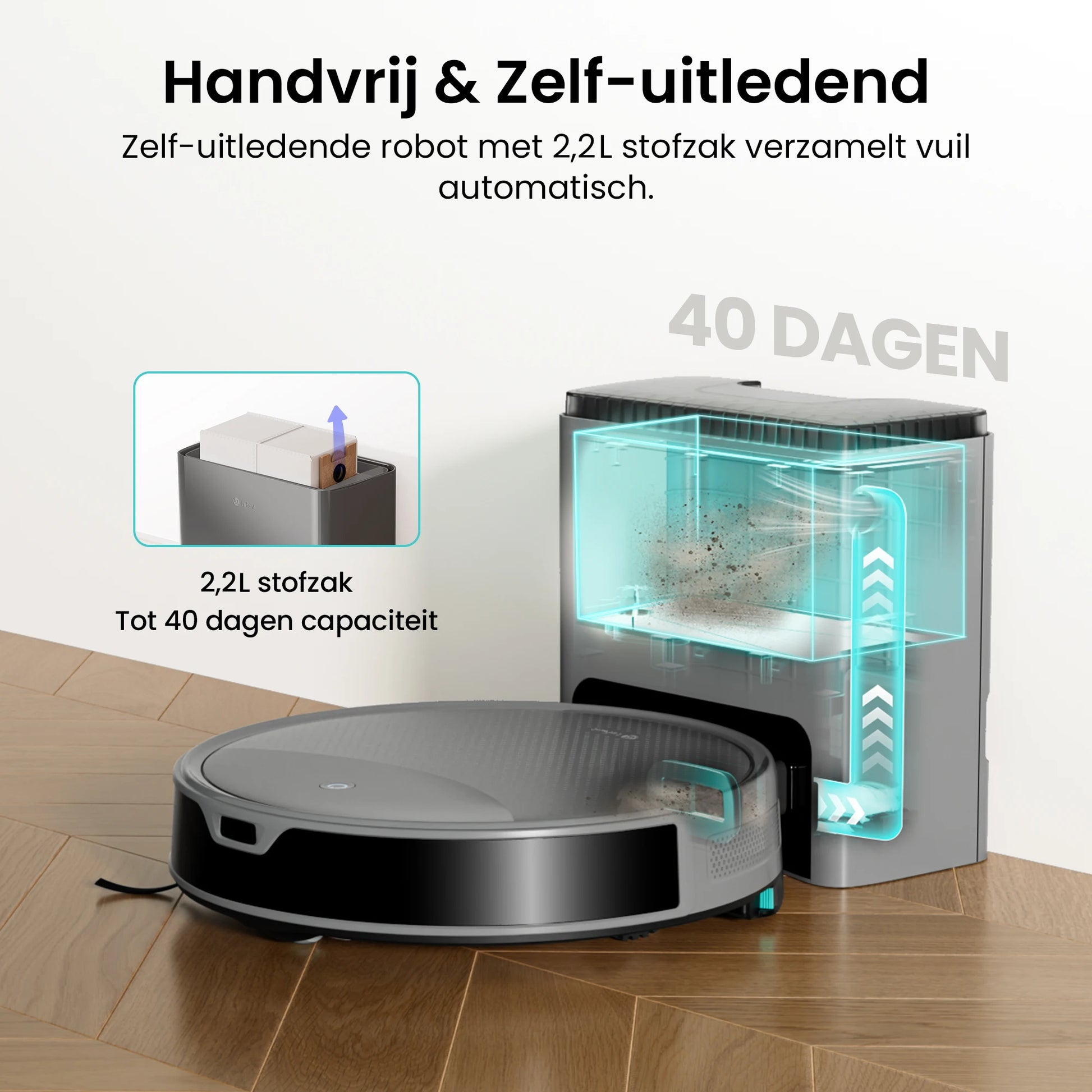 De Lefant M350 Max robotstofzuiger in grijze kleur met glanzende bovenkant en zichtbare lader. Inclusief accessoires voor huishoudelijke reiniging en 
