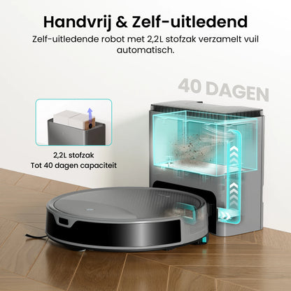 De Lefant M350 Max robotstofzuiger in grijze kleur met glanzende bovenkant en zichtbare lader. Inclusief accessoires voor huishoudelijke reiniging en 