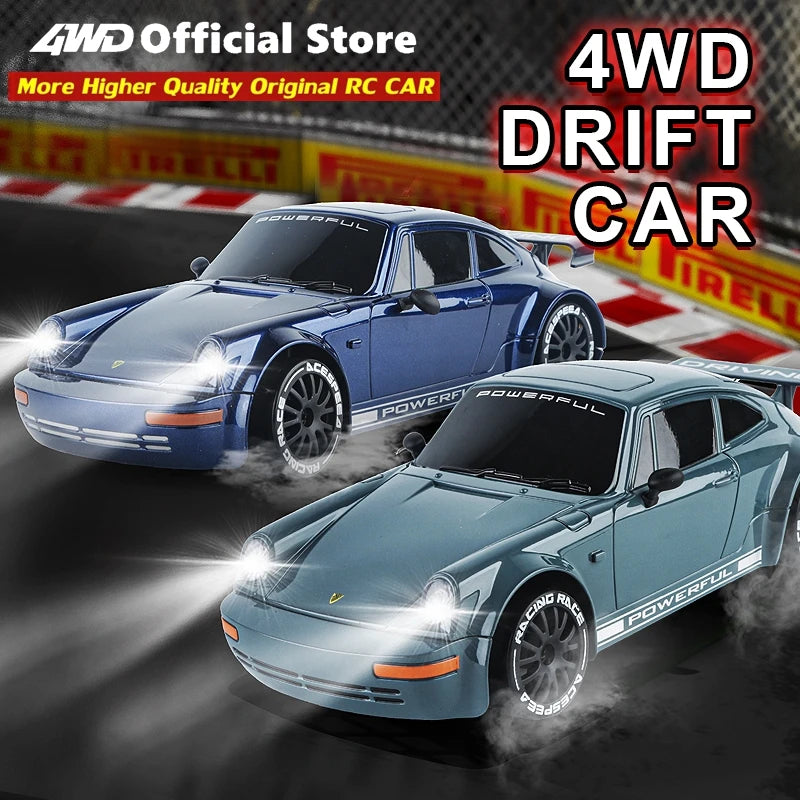 Zwart 4WD RC-raceauto met glanzende lak, zichtbare schokdempers en nummer 1 op de zijkant, klaar voor speelplein of binnenhuisrace. Blauwe variant en 