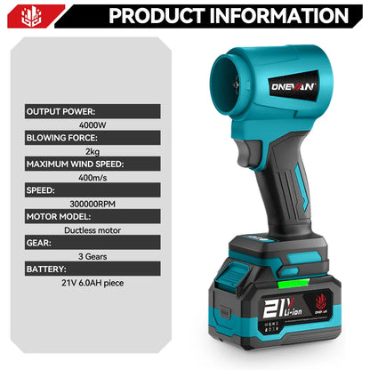 Een Onevan draadloze bladzager met blauw-zwarte kleur en 21V lithium-batterij, geschikt voor houtbewerking en metaal. Voorzien van 300.000 RPM en 400 