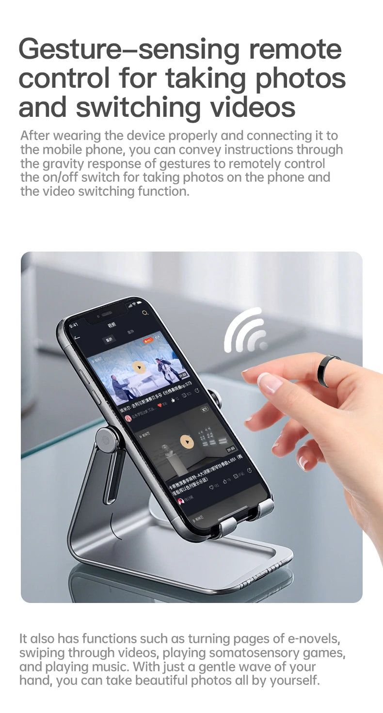 Een slimme ring in zilver, zwart en goud, met zichtbare technische componenten en een IP68 waterdichte constructie, geschikt voor sportieve activiteiten en afstandsbediening van de camera. - Foto 19