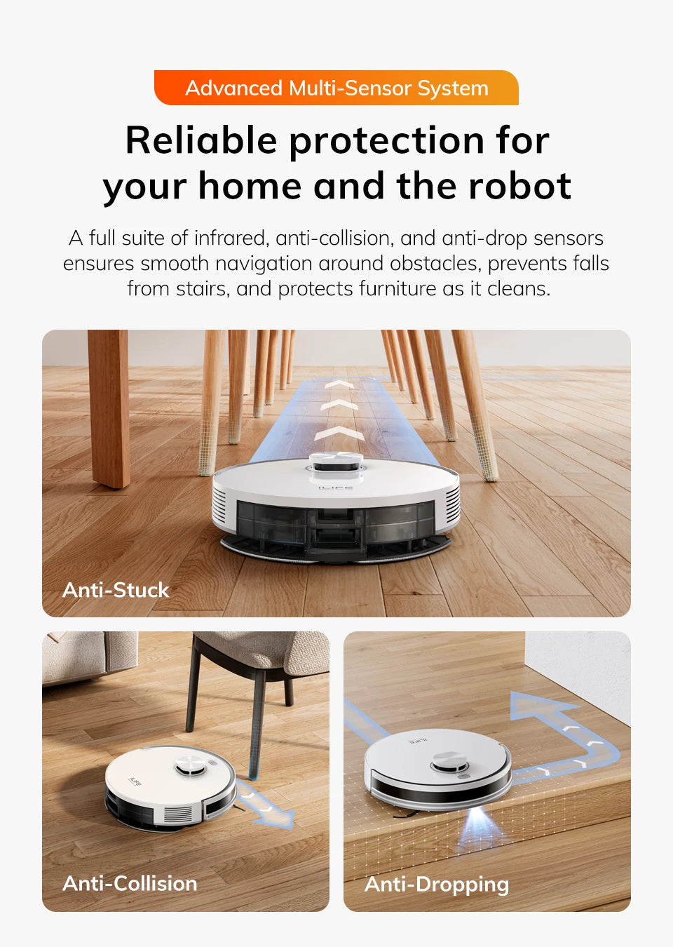 De witte ILIFE stofzuiger met zilveren details en app-verbinding is een slimme, draadloze robotstofzuiger voor dagelijkse vloerreiniging in moderne hu