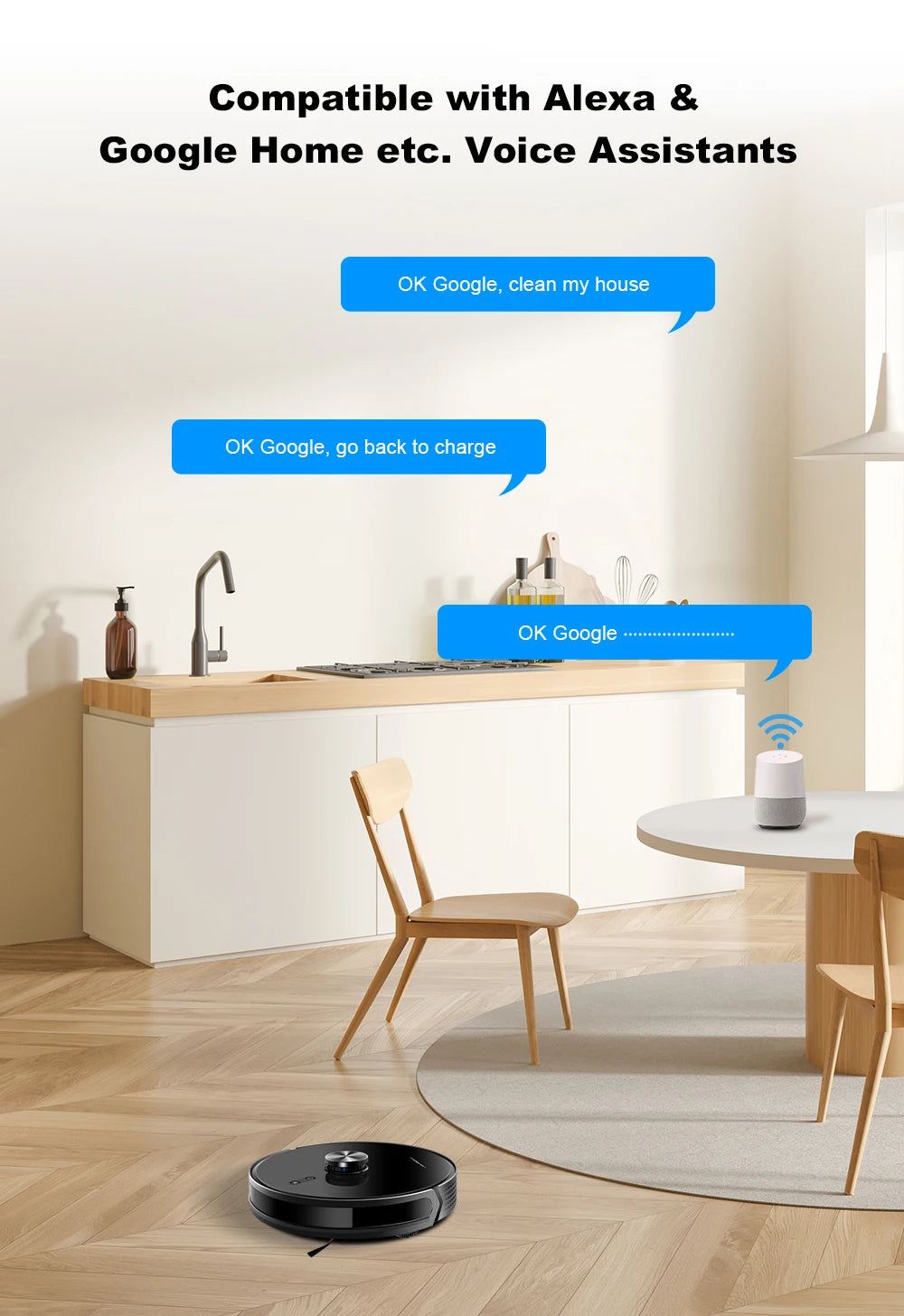 Zwart, glanzend robotstofzuiger met zichtbare bedieningsknoppen en een smartphone-app voor huishoudelijke reiniging. Geschikt voor automatische vloerr