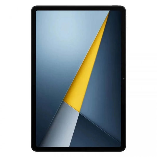 De POCO Pad M1 in donkerblauw met dubbele camera, scherm met abstracte gele en grijze grafiek, geschikt voor gaming en multimedia. Perfect voor gamers
