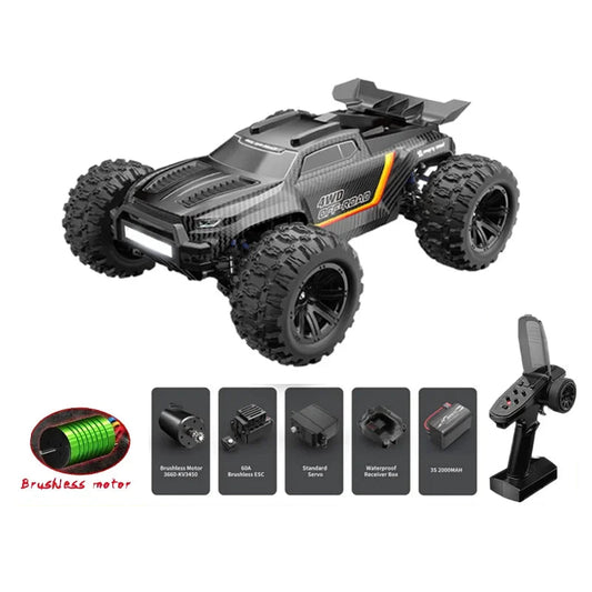 Zwart 4WD terrein met grote, groefde banden en een carbonlook carrosserie, uitgerust met een waterdichte ontvanger en 35200mAh batterij, speciaal ontw