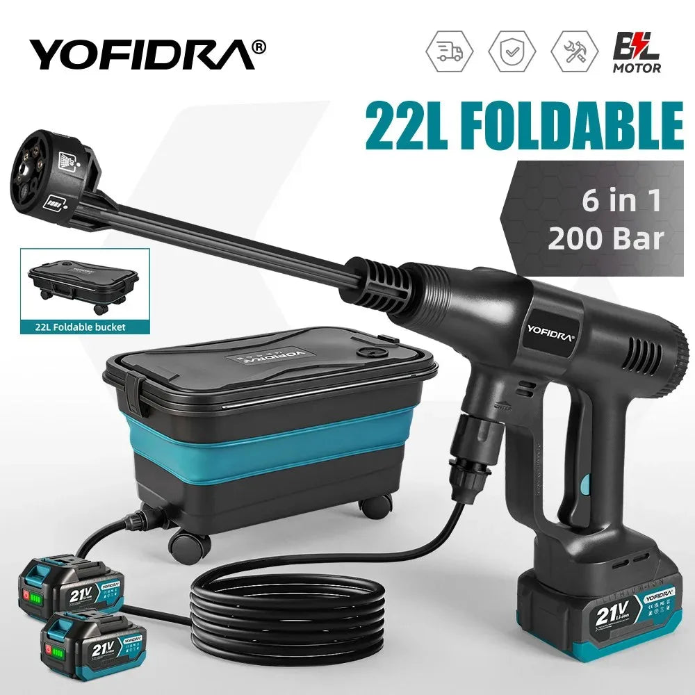 Zwarte YOFIDRA 21V stroomloze stofzuiger met 22L vouwbare emmer, 21V accu’s en kabel, geschikt voor professioneel gebruik in garage en tuin. - Foto 1