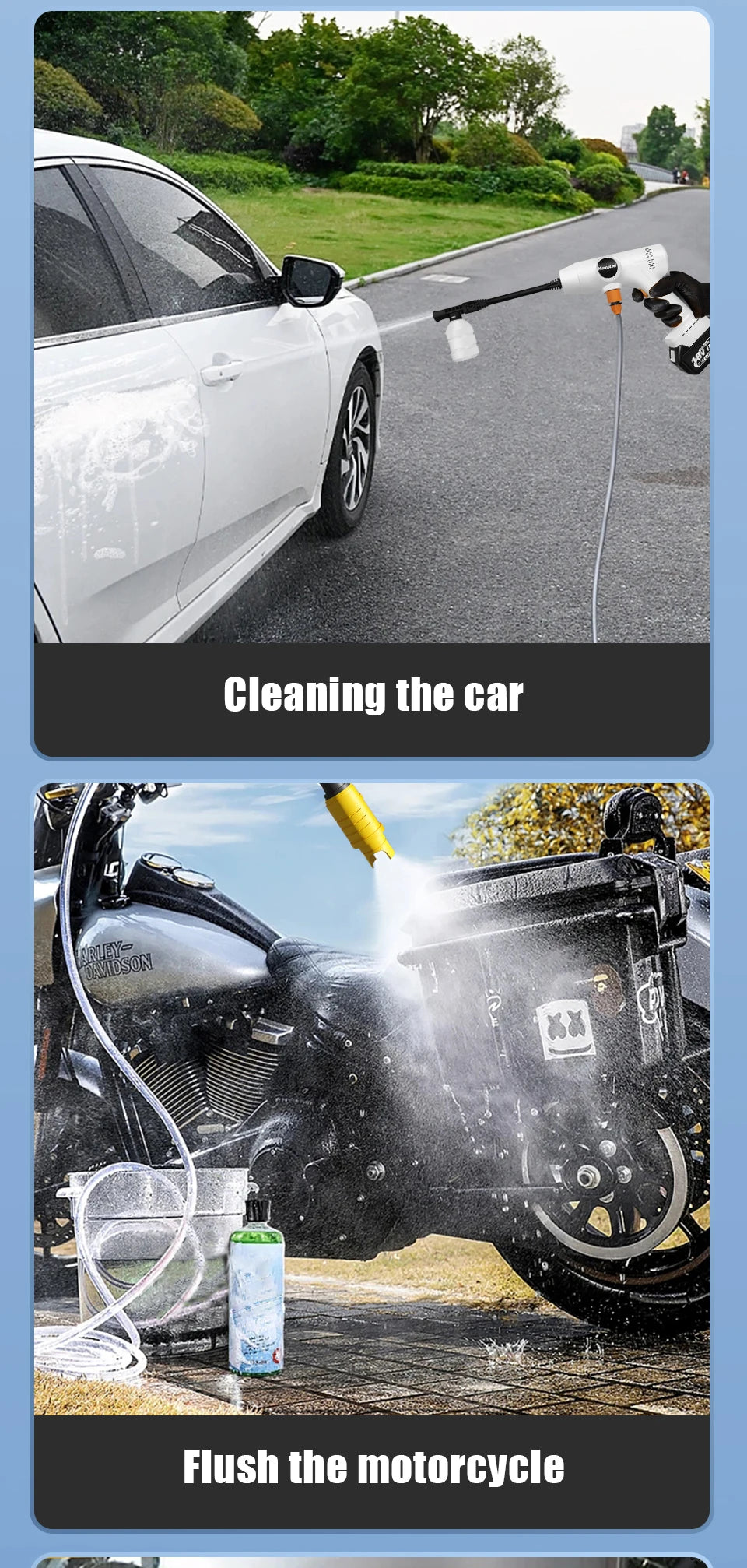 De Kamolee high pressure car wash gun met 388V Li-ion accu, zwart met rode accenten, staat naast haar opbergkoffer voorzien van slang en accessoires, 
