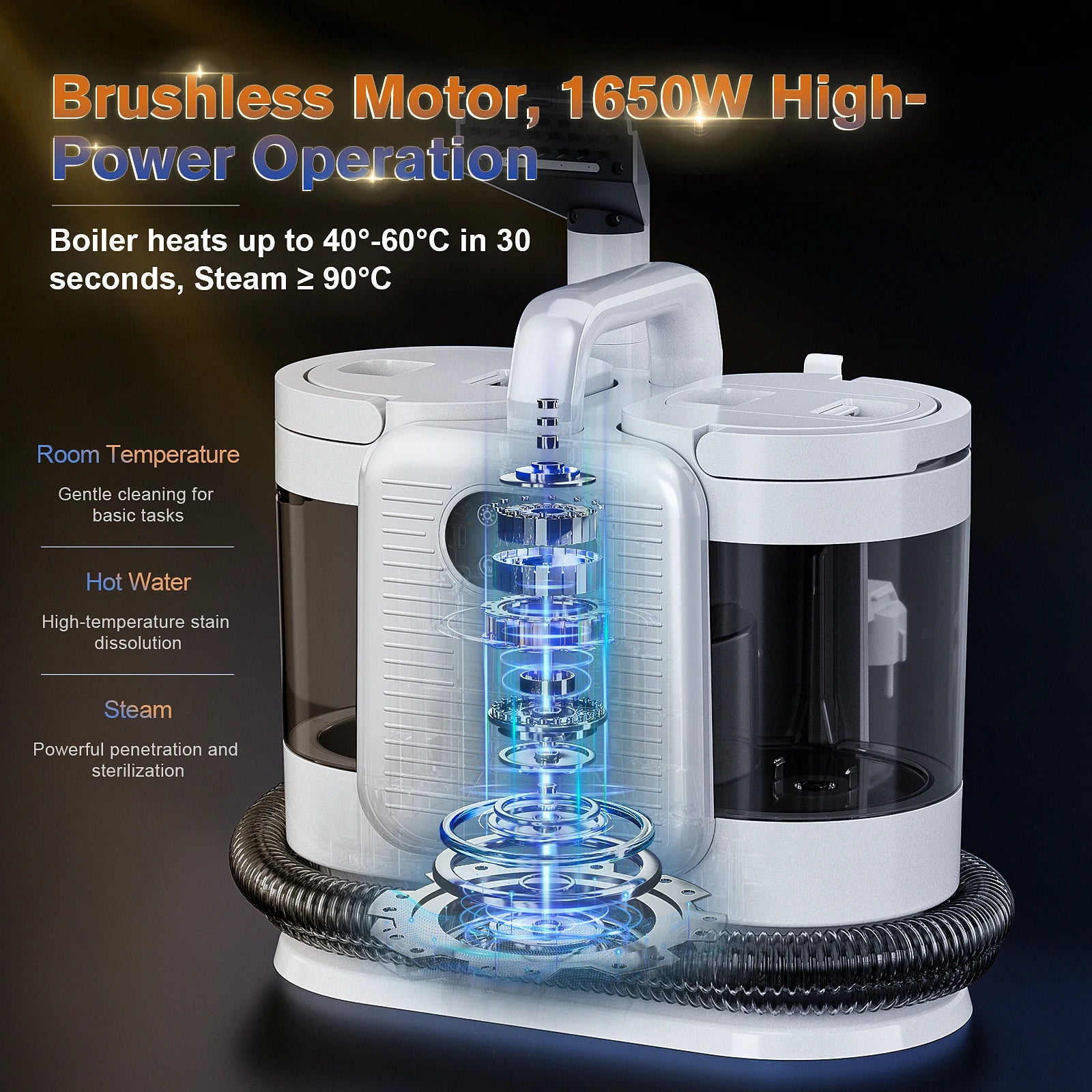 Een witte, moderne stoomreiniger met een digitale bedieningspaneel en een transparante waterreservoir, uitgerust met een zwarte slang en diverse acces