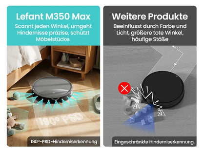 De Lefant M350 Max robotstofzuiger in grijze kleur met glanzende bovenkant en zichtbare ladingstation. Toegankelijk via app voor slimme huishoudelijke