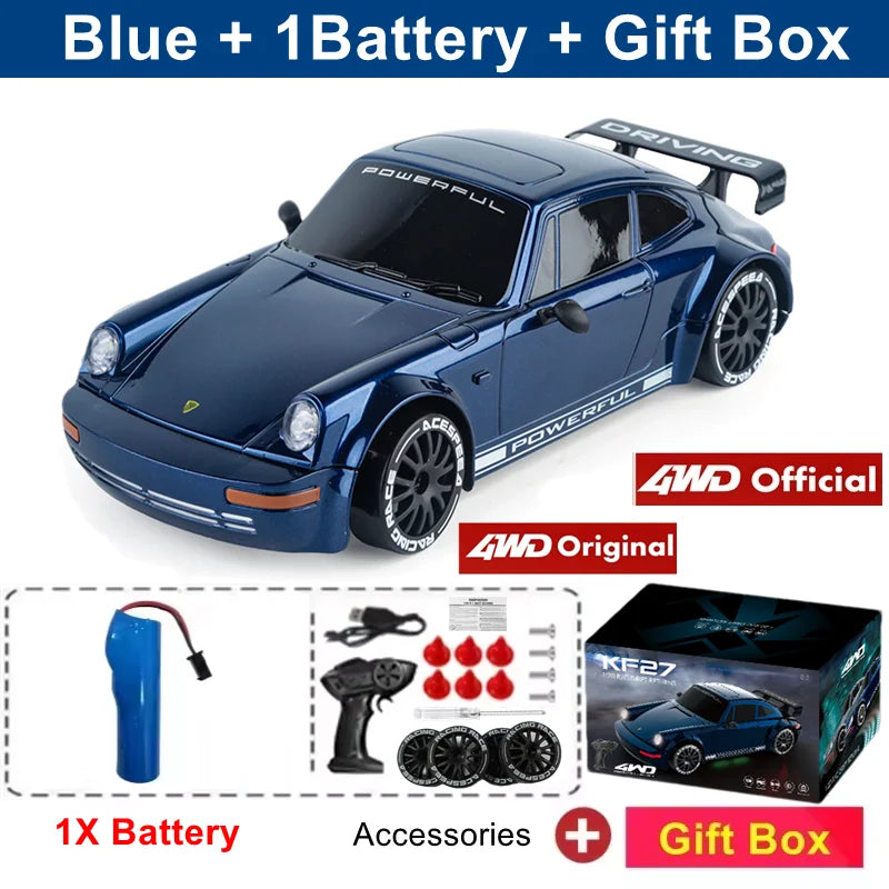 Zwart 4WD RC-raceauto met glanzende lak, zichtbare schokdempers en nummer 1 op de zijkant, klaar voor speelplein of binnen. Blauwe variant en afstands