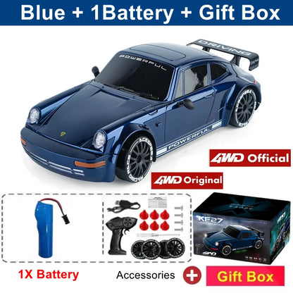 Zwart 4WD RC-raceauto met glanzende lak, zichtbare schokdempers en nummer 1 op de zijkant, klaar voor speelplein of binnen. Blauwe variant en afstands