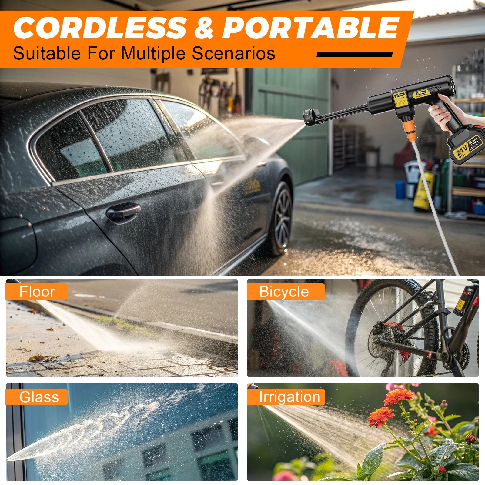 Zwart Gisam draadloze stroomreiniger met 6-in-1 spuitmondstuk, lithium-ion batterijen en accessoires voor efficiënte car wash en huishoudelijke reinig