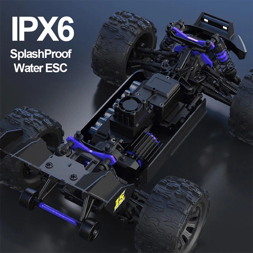 Blauwe JIUSI MT14R 1/14 RC-raceauto met zwarte banden en 'STORM' en 'THUNDER' opschrift, geschikt voor speelgoedraces en kinderen. Zichtbaar met sport