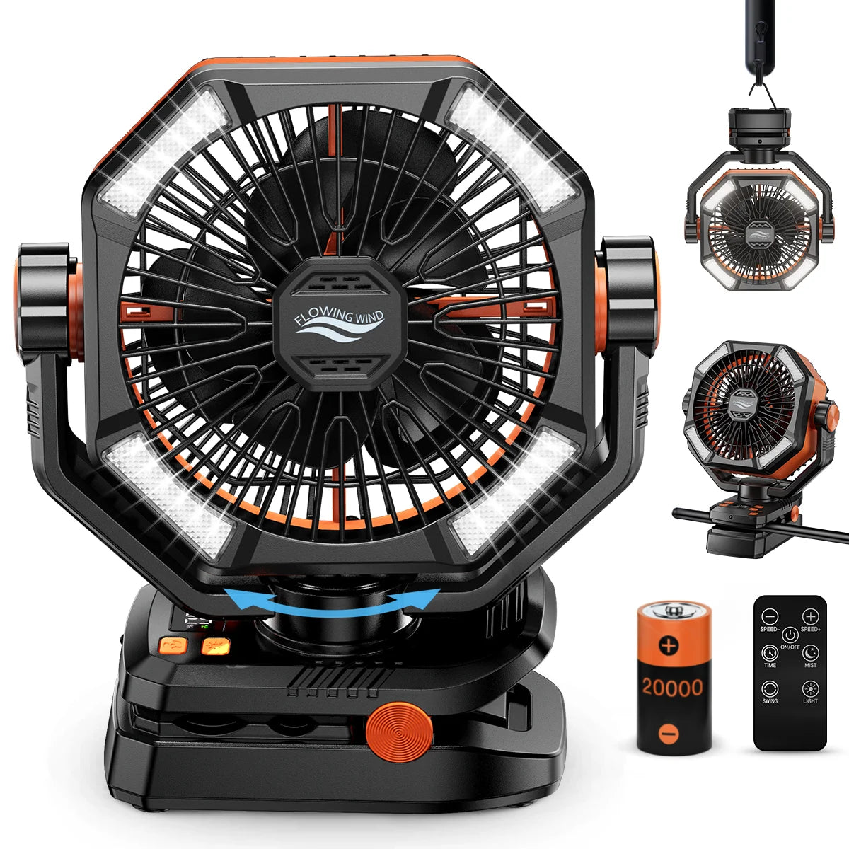 Zwarte en oranje outdoor camping fan met 4 LED-verlichting en draaibare kop, uitgerust met slimme afstandsbediening voor gebruik op kampeerplaatsen of