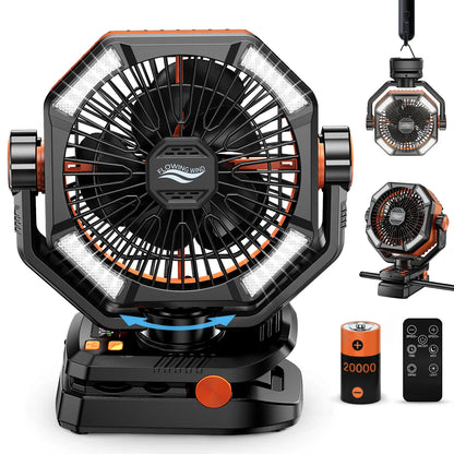 Zwarte en oranje outdoor camping fan met 4 LED-verlichting en draaibare kop, uitgerust met slimme afstandsbediening voor gebruik op kampeerplaatsen of