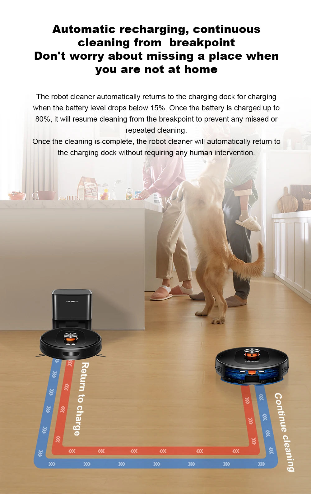 Zwarte LIECTROUX robotstofzuiger met glanzend metaalaccent en oranje licht, klaar voor automatische vloerreiniging. Compacte, moderne design voor huis
