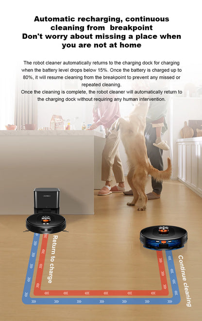 Zwarte LIECTROUX robotstofzuiger met glanzend metaalaccent en oranje licht, klaar voor automatische vloerreiniging. Compacte, moderne design voor huis