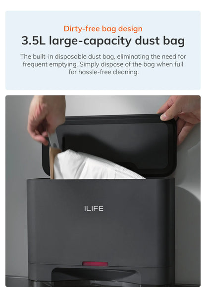 Zwarte ILIFE robotstofzuiger met glanzend metalen centrale knop, geplaatst naast zijn oplader en een smartphone met app. Ideaal voor automatische vloe