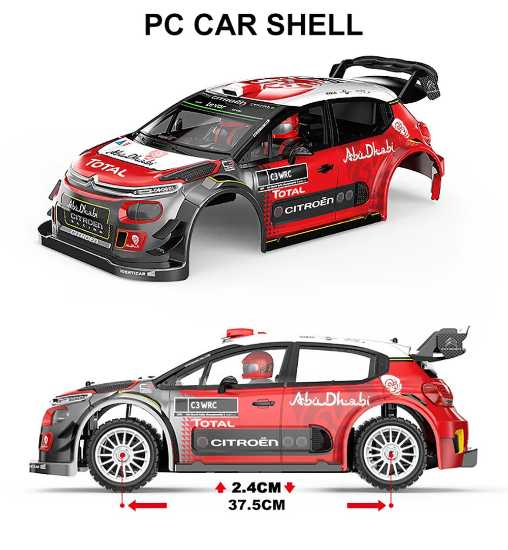 Een 1:7 schaalmodel van een Volkswagen Polo rallyauto, met blauw-wit livery en zichtbare details zoals de wielophanging en de 'NALES 1' sponsorsticker