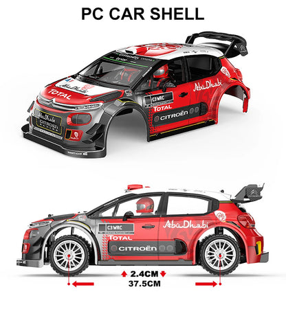 Een 1:7 schaalmodel van een Volkswagen Polo rallyauto, met blauw-wit livery en zichtbare details zoals de wielophanging en de 'NALES 1' sponsorsticker