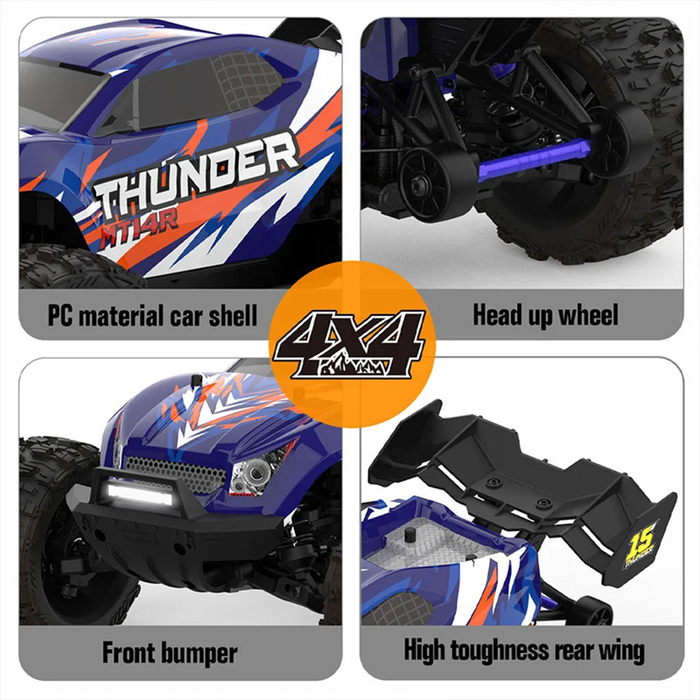 Blauwe JIUSI MT14R 1/14 RC-raceauto met zwarte banden en "STORM" en "THUNDER" opschrift, geschikt voor speelgoedraces en buitenactiviteiten. Perfect v
