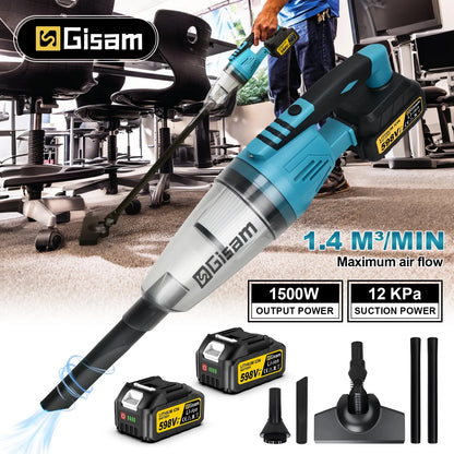 De Gisam draadloze stofzuiger in blauw-zwart, met lithium-ion batterij en diverse accessoires, is krachtig voor het schoonmaken van tapijt en meubilai