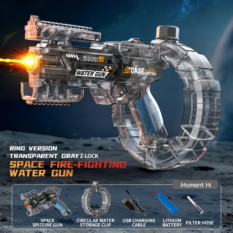 De elektrische waterpistool Shark MK-1 heeft een transparante, futuristische constructie met een donkerblauwe grip en een opvallende rode uitlaat. Het
