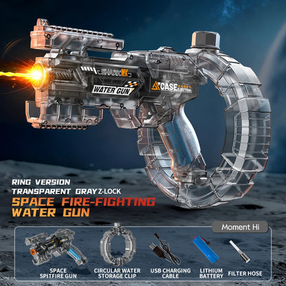 De elektrische waterpistool Shark MK-1 heeft een transparante, futuristische constructie met een donkerblauwe grip en een opvallende rode uitlaat. Het
