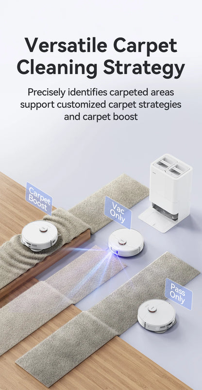 De JONR P20 Pro robotstofzuiger met witte, moderne design en transparante onderkant, staat naast zijn laadstation. Zichtbaar op het scherm: app-gebase