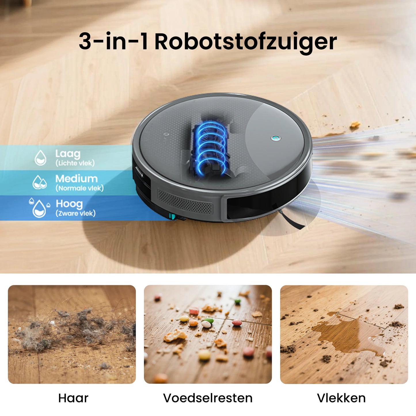 De Lefant M350 Max robotstofzuiger in grijze kleur met glanzende bovenkant en zichtbare accessoires, inclusief filter, stofzak en waterstofzuigkop, ge
