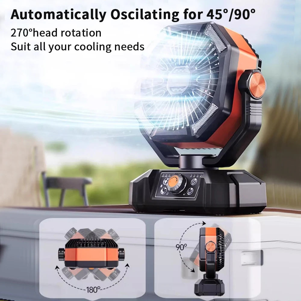 Zwarte en oranje outdoor camping ventilator met 4 LED-verlichting en draaibare kop, uitgerust met slimme afstandsbediening voor gebruik op kampeerplaa