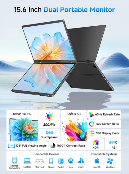 Een zwarte UPERFECT 15,6-inch dubbel scherm laptop met kleurrijke bergafbeeldingen, 1080P FHD resolutie, 350 nits helderheid en 100% sRGB kleurweergav