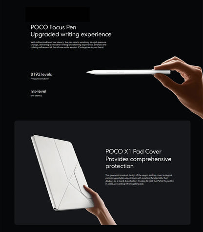 De POCO Pad X1 tablet in donkergrijs met goudkleurige cameraomlijsting, voorzien van een kleurrijk scherm met abstracte geometrische patronen, geschik
