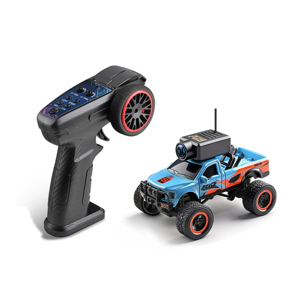 Rode 1:64 schaal RC off-road pick-up met camera en VR-bril ondersteuning, geschikt voor speelgoed- en racemodellen. Zichtbare accessoires: stuur, VR-b