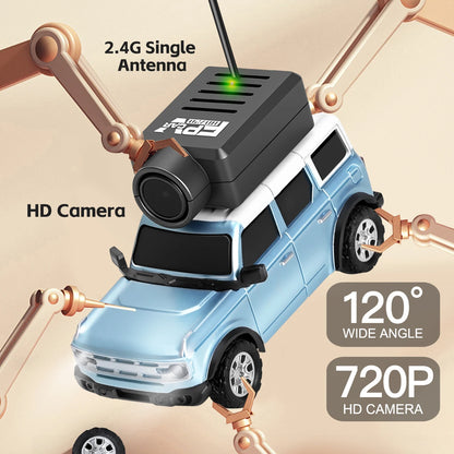 Mini camera in 1:64 schaal, geïntegreerd in vier kleurrijke SUV-modellen met zichtbare antenne en USB-kabel. Ideaal voor kinderen die hobbymodelauto’s