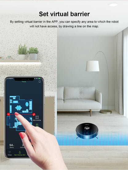 Een zwart, ronde robotstofzuiger met zilveren knop en bedieningsknoppen, uitgerust met een app-gebaseerd navigatiesysteem voor automatische huishoudel