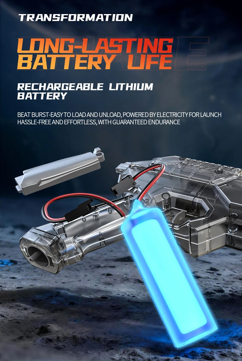 De elektrische waterpistool Shark MK-1 heeft een transparante, futuristische constructie met een donkerblauwe grip en een opvallende rode uitlaat. Het
