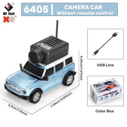 Mini camera-voertuigen in zwart, zilver, oranje en lichtblauw, elk met een zwarte camera op het dak, inclusief stuurunit en USB-kabel voor speelplein 