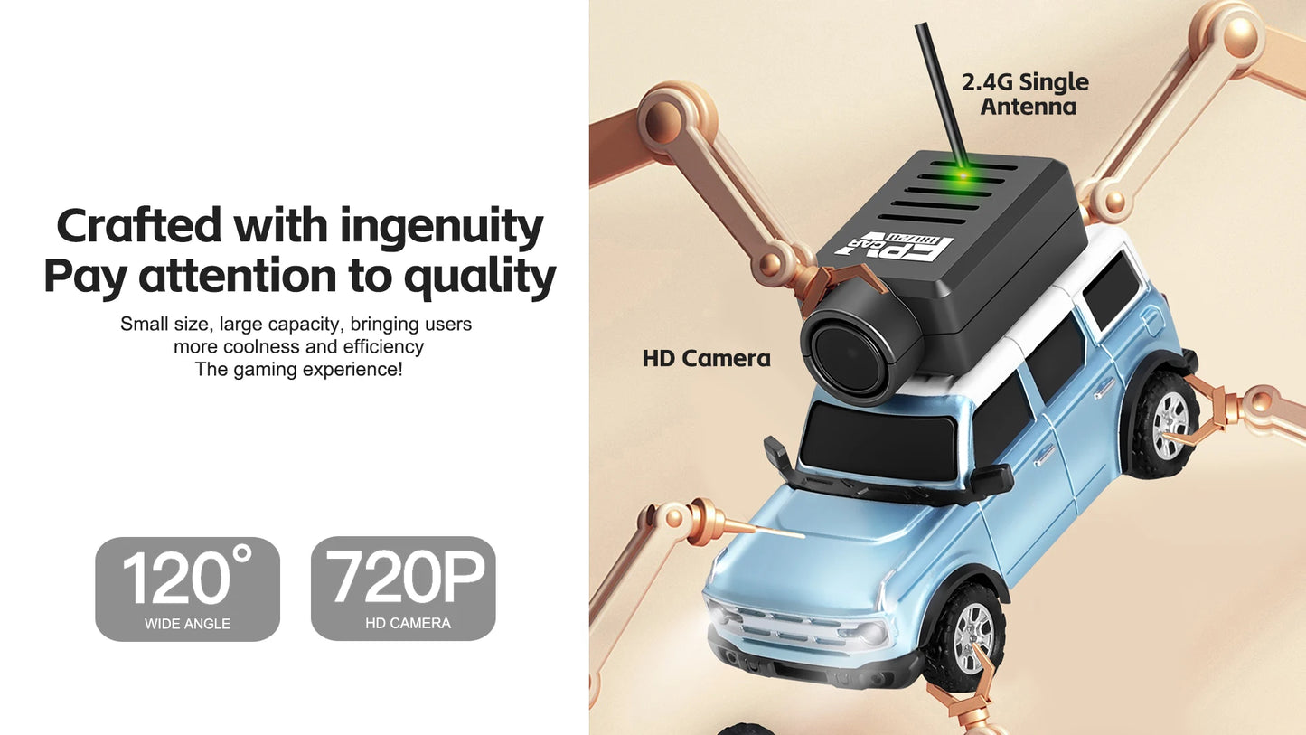 Mini camera-voertuigen in zwart, zilver, oranje en lichtblauw, elk met een zwarte camera op het dak, inclusief stuurunit en USB-kabel voor speelgoedau