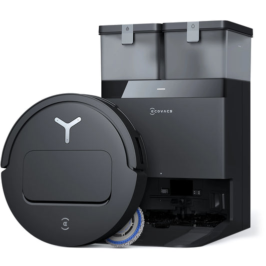 EcoVacs robotstofzuiger met zwart glanzend ontwerp en blauwe mop, klaar voor automatische vloerreiniging. Modern design met water- en stofreservoir vo
