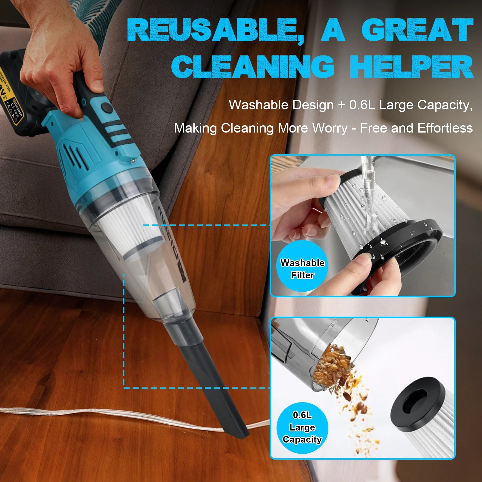 De Gisam draadloze stofzuiger in blauw-zwart, met lithium-ion batterij en diverse accessoires, is krachtig voor het schoonmaken van kantoorvloeren en 