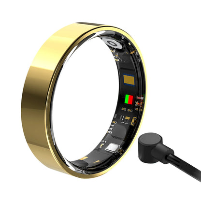Een slimme ring in zilver, zwart en goud, met zichtbare elektronica en sensoren, geschikt voor sportieve activiteiten en als slimme accessoire voor dagelijks gebruik. - Foto 9