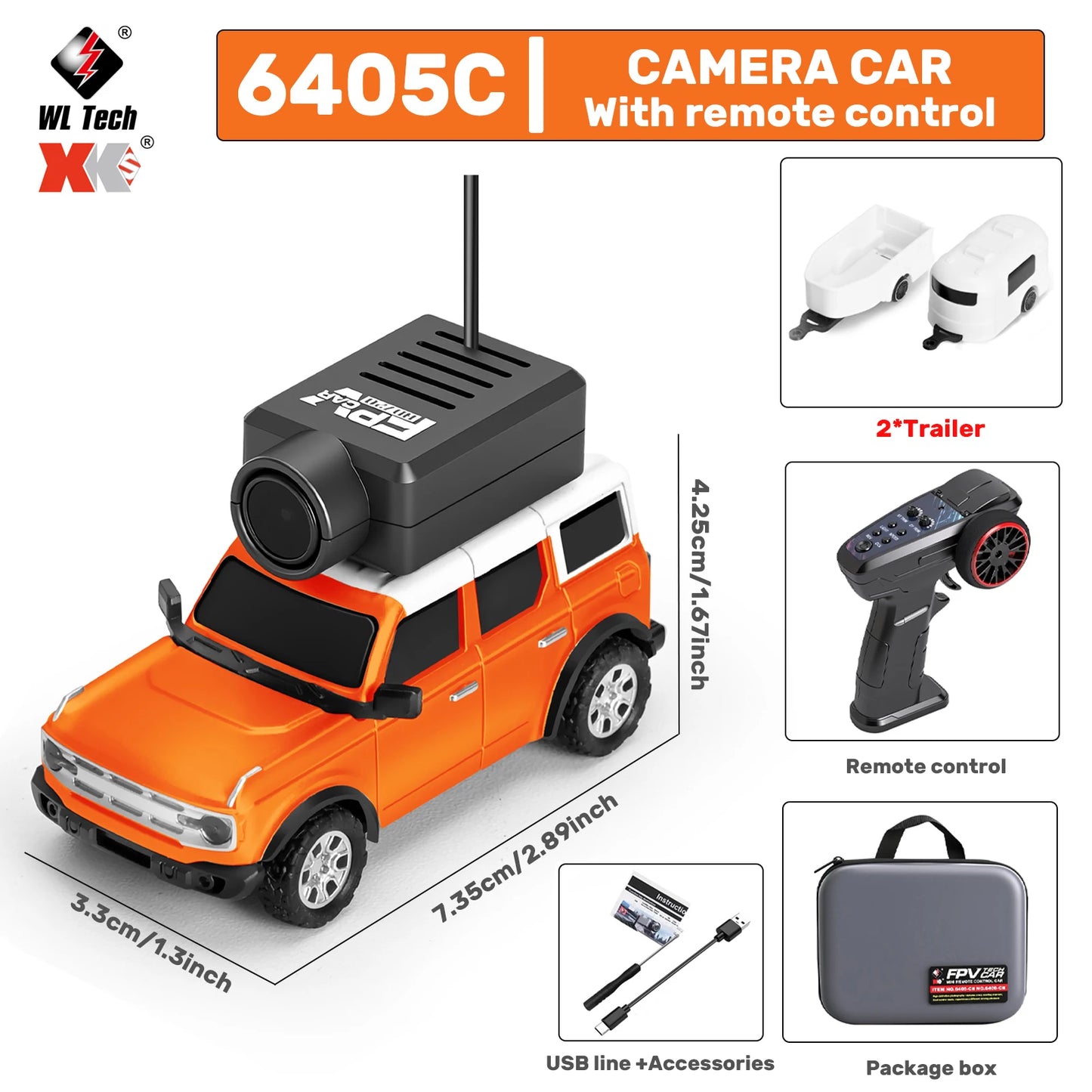 Mini camera-voertuigen in zwart, zilver, oranje en lichtblauw, elk met een zwarte camera op het dak, inclusief stuurunit en USB-kabel voor speelgoedau