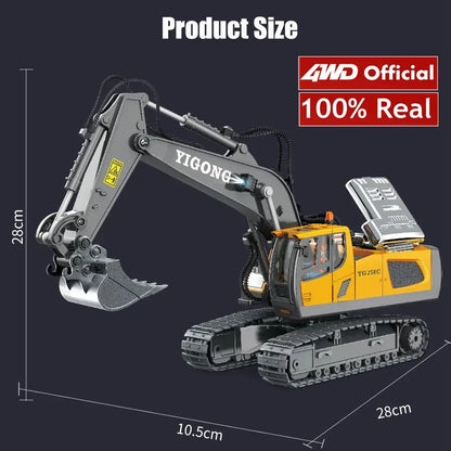 Grote, realistische RC-graafmachine in zwart en geel, met beweegbare schep en zichtbare batterijen, klaar voor speelplein of bouwprojecten. Perfect vo
