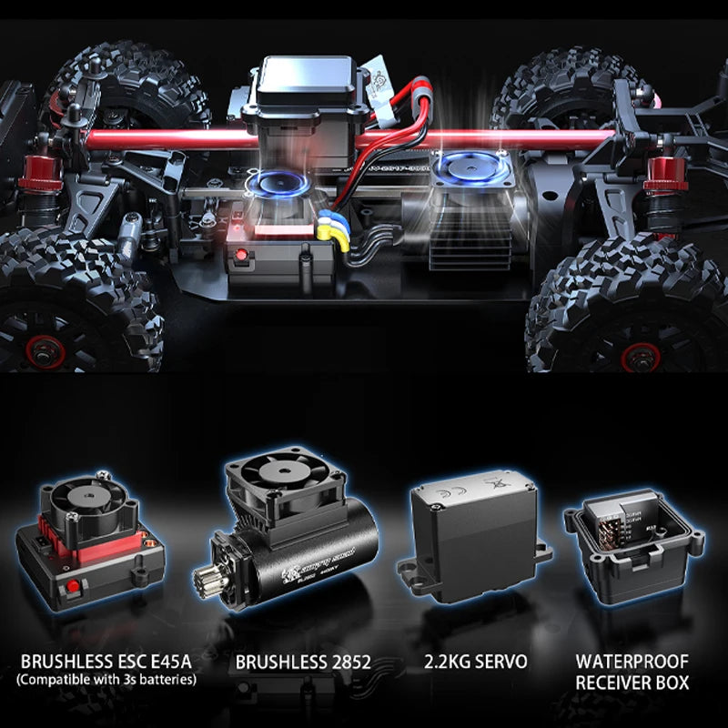 De Hyper Go MJX14209 4WD off-road buggy in zwart en rood, met grote knipperende LED-verlichting, is klaar voor speelplein of racetrack. Inclusief stuu