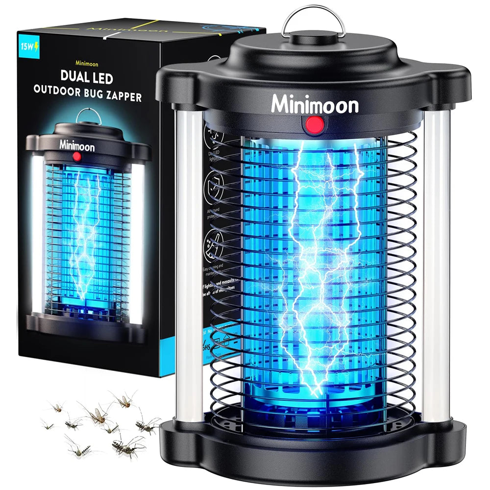 Minimoon buiteninsectenkiller met blauwe LED-verlichting en zichtbare elektrische schokken, zwart metaal en glasconstructie, geschikt voor tuin- en te