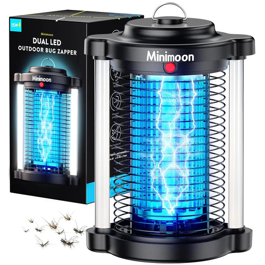 Minimoon buiteninsectenkiller met blauwe LED-verlichting en zichtbare elektrische schokken, zwart metaal en glasconstructie, geschikt voor tuin- en te